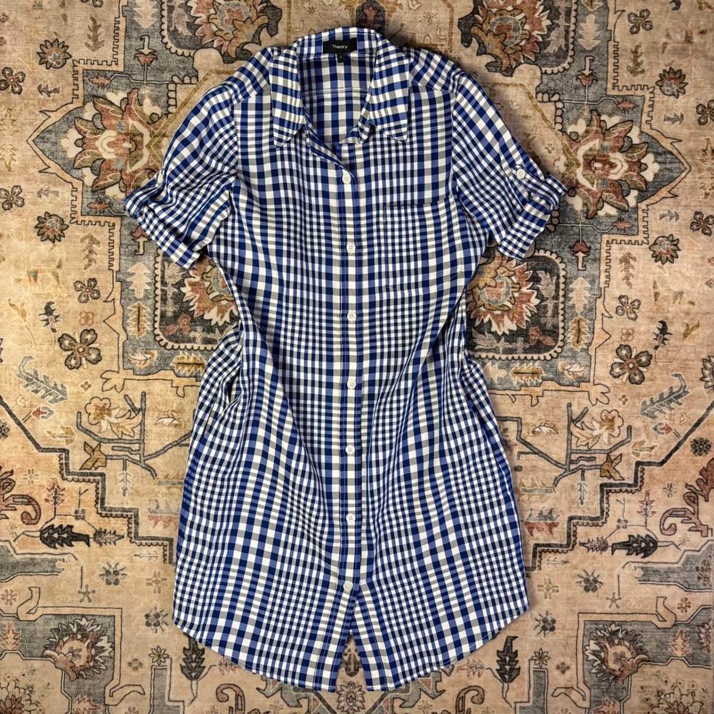 Theory Mayvine Dillon Plaid Gingham Linen Viscose Shirt Dress Blue White Size 0